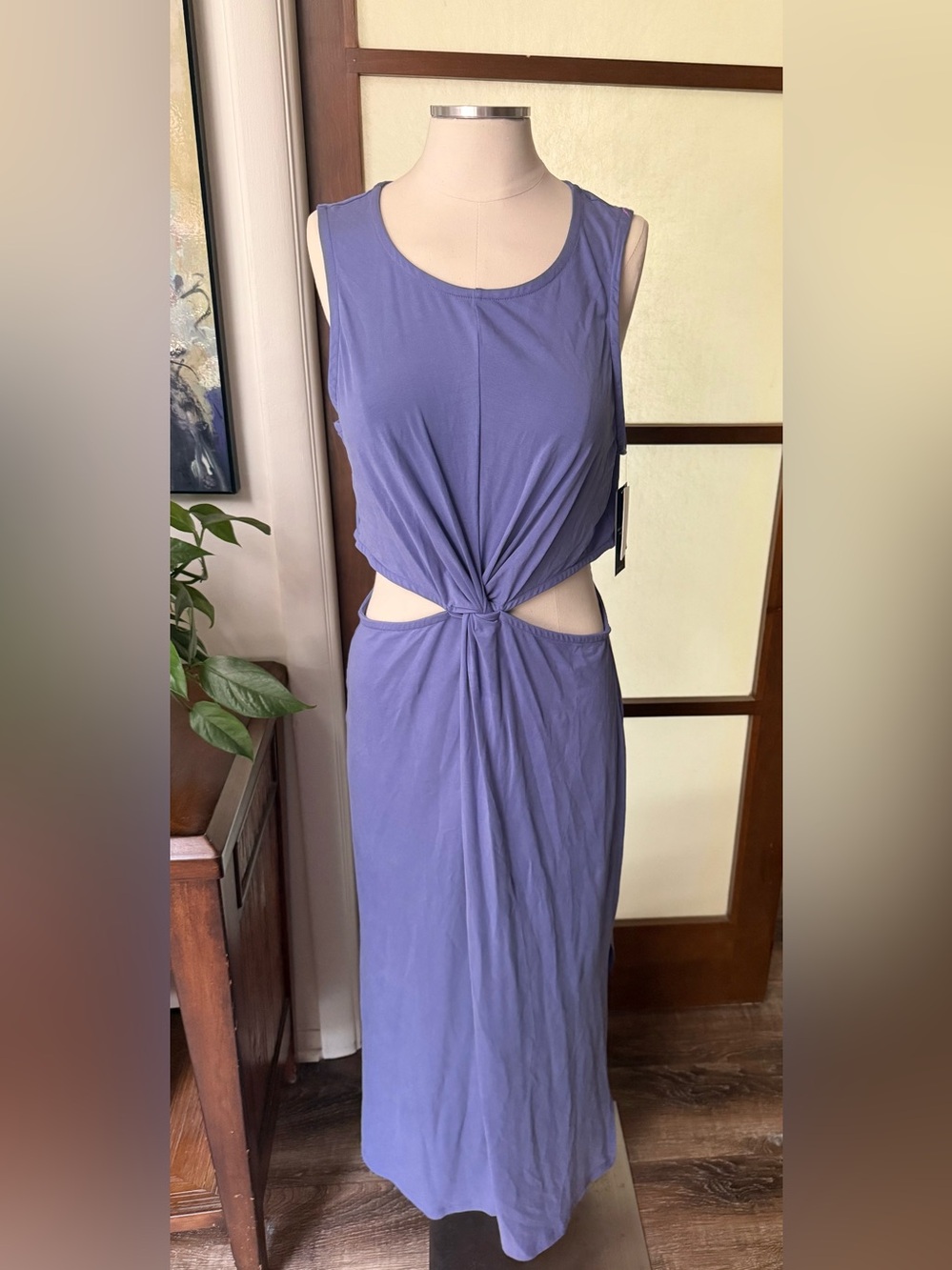 NWT Beyond Yoga Around The World Front Twist Dress Women’s Lg Indigo Periwinkle